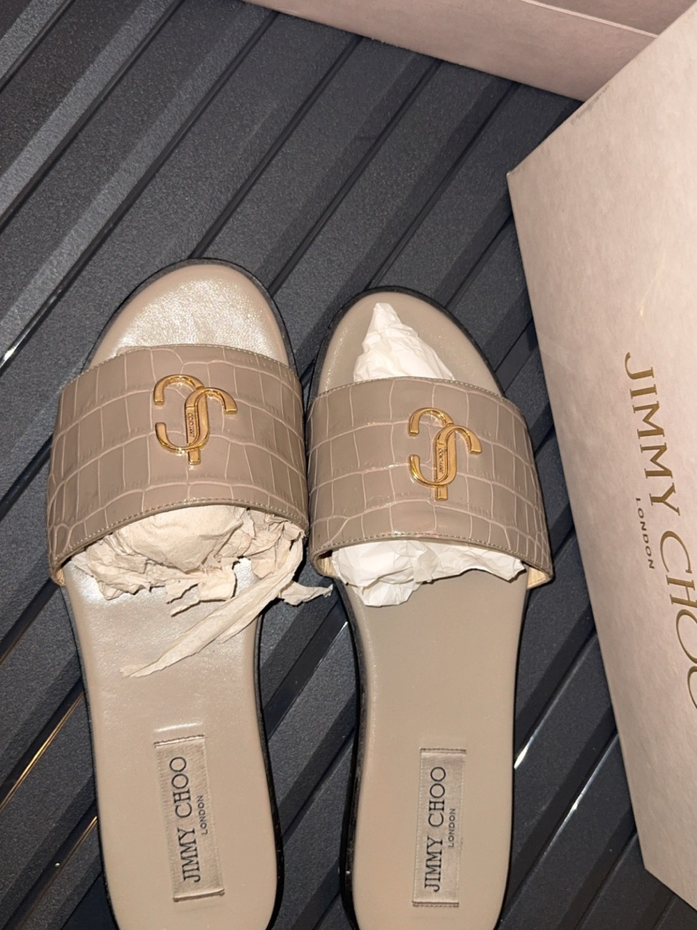 Jimmy Choo Taupe Croc-Embossed Slide Sandals with Gold Logo